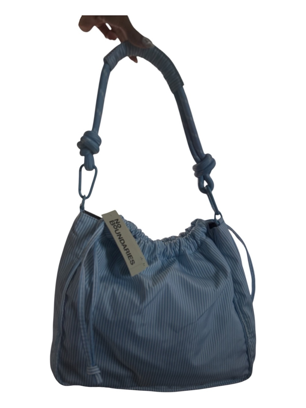 No Boundaries Blue Pinstripe Drawstring Shoulder Bag